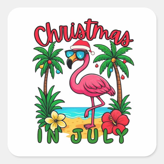 7月のクリスマス フラミンゴ スクエアシール (正面)