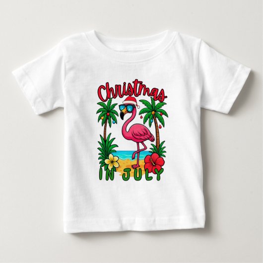 7月のクリスマス フラミンゴ ベビーTシャツ (正面)