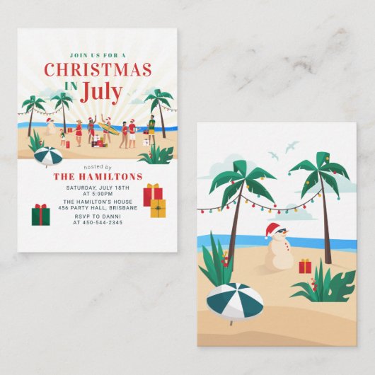 7月のクリスマス モダンファミリーサマー パーティー ノートカード (正面/裏面)