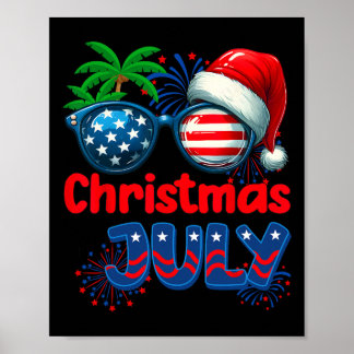 7月のクリスマス 夏 ビーチ ハワイ サンタ USA フラッグ ポスター