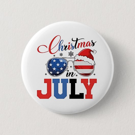 7月のクリスマス 楽しいサンタ 7月4日 Xmas 缶バッジ (正面)