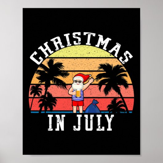 7月のクリスマス 楽しい ビンテージ サンタ 夏 ビーチ ポスター (正面)