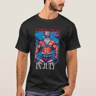7月のクリスマスBodybuilder Santa Claus USA国旗 Tシャツ