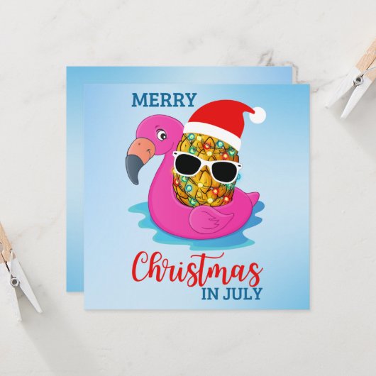 7月のクリスマスPineapple Santas Hat Flamingo Ho カード (正面/裏面インサイチュ)