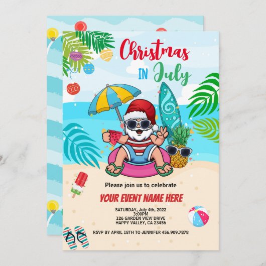 7月のクリスマスSantaビーチパーティーKid大人 招待状 (正面/裏面)
