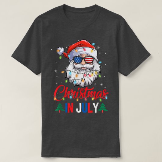 7月のクリスマスSanta Hat Sunglasses Usa Flag Su Tシャツ (デザイン正面)