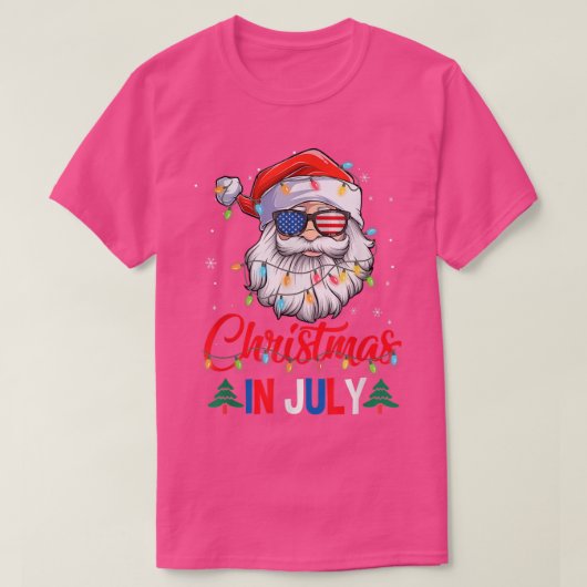 7月のクリスマスSanta Hat Sunglasses Usa Flag Su Tシャツ (デザイン正面)
