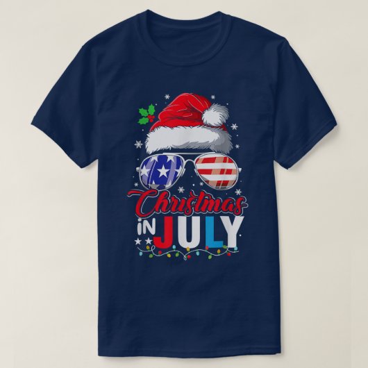 7月のクリスマスSanta Hat USA国旗のサングラス Tシャツ (デザイン正面)