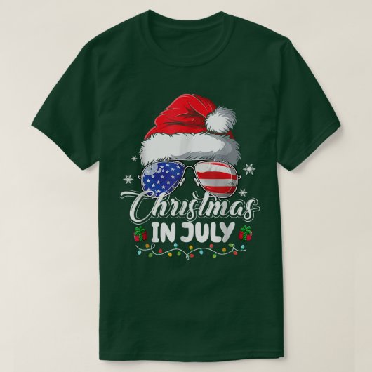 7月のクリスマスSanta Hat USA国旗Sunglasses Su Tシャツ (デザイン正面)