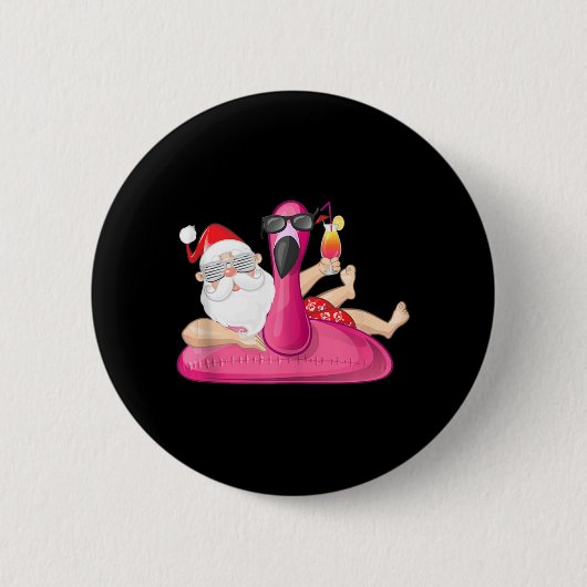 7月のクリスマスSanta Hawaii Flamingo Summer Vac 缶バッジ (正面)