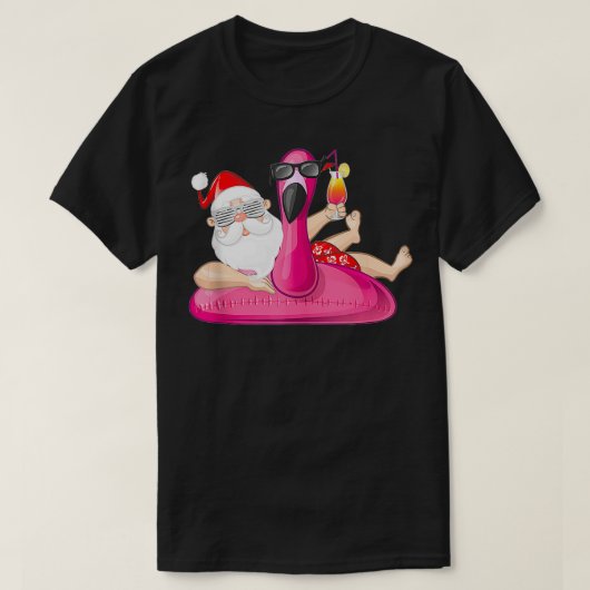 7月のクリスマスSanta Hawaii Flamingo Summer Vac Tシャツ (デザイン正面)
