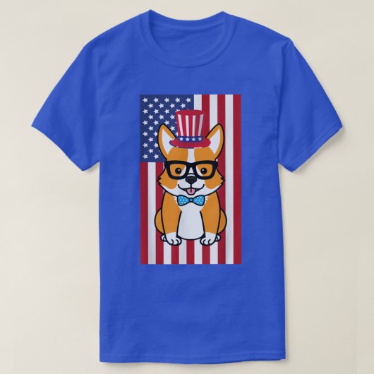 7月のコーギ4thアメリカ国旗の子犬USAドッグコーグ Tシャツ (デザイン正面)