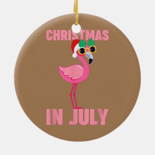 7月のサンタハットクリスマスのピンクのフラミンゴ セラミックオーナメント (裏面)