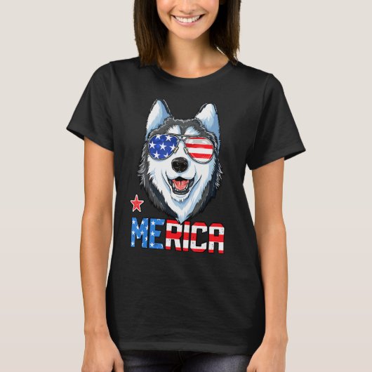 7月のシベリアのハスキー4thメリカ男性の女性アメリカ tシャツ (正面)