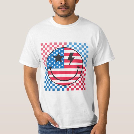 7月のハッピー第四Groovyスマイル顔赤白青 Tシャツ (正面)