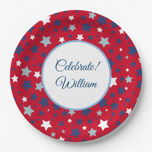 7月のパーソナライズ名赤白青 ペーパープレート (正面)