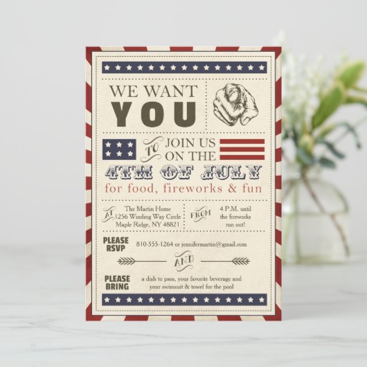 7月のパーティの招待状のヴィンテージのアメリカの第4 招待状 (スタンド正面)