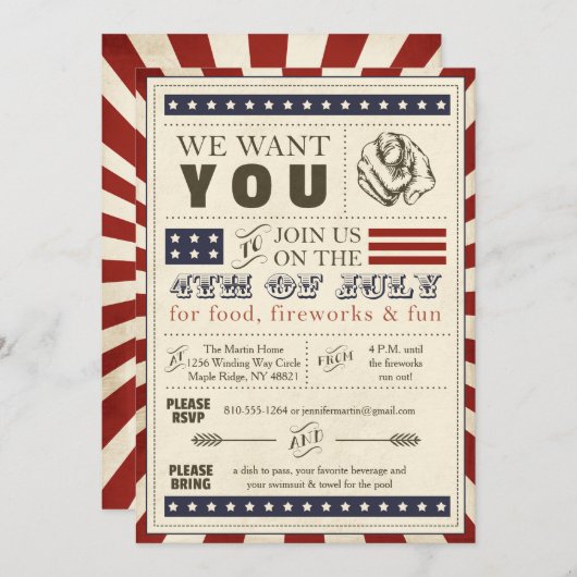 7月のパーティの招待状のヴィンテージのアメリカの第4 招待状 (正面/裏面)