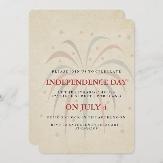 7月のパーティの招待状のヴィンテージの花火第4 招待状 (正面/裏面)