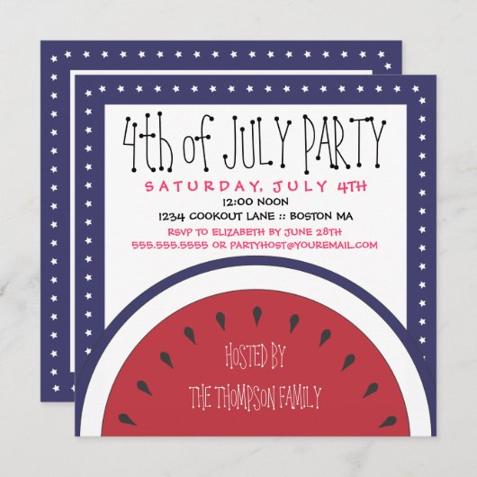 7月のパーティの招待状の愛国心が強いスイカ第4 招待状 (正面/裏面)