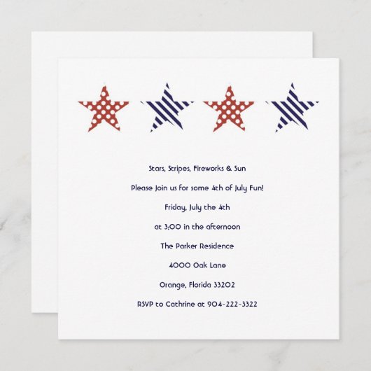 7月のパーティの招待状の星条旗第4 招待状 (正面/裏面)