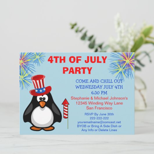 7月のパーティーのかわいく愛国心が強いペンギンの花火第4 招待状 (スタンド正面)