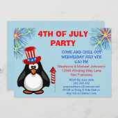 7月のパーティーのかわいく愛国心が強いペンギンの花火第4 招待状 (正面/裏面)