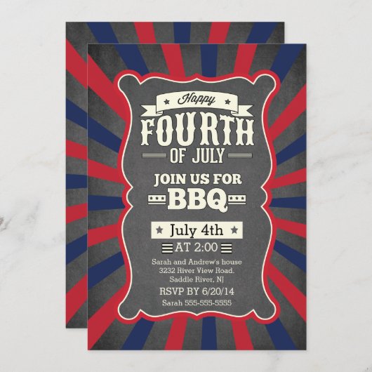 7月のパーティーのヴィンテージの黒板のストライプ第4 招待状 (正面/裏面)