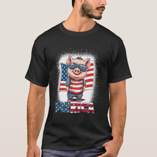 7月のピグ4日愛国的なアメリカ国旗 Tシャツ (正面)