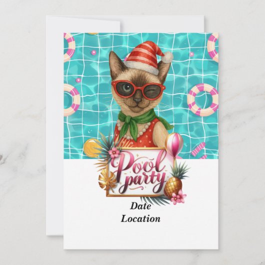 7月のプールパーティークリスマス猫好き 招待状 (正面)