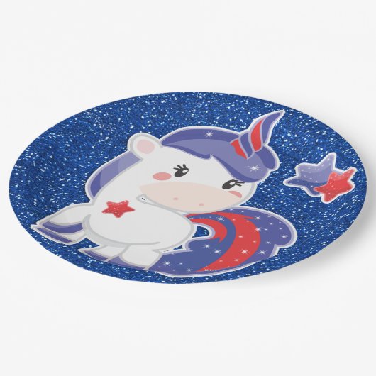 7月のユニコーンのお祝いのきらびやかな魔法の第4 ペーパープレート (アングル)