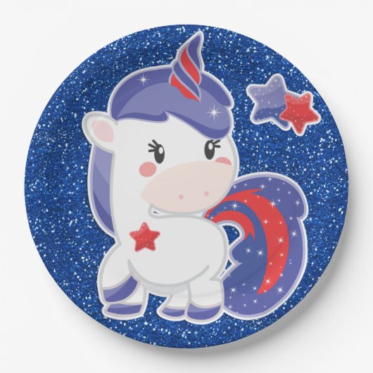 7月のユニコーンのお祝いのきらびやかな魔法の第4 ペーパープレート (正面)