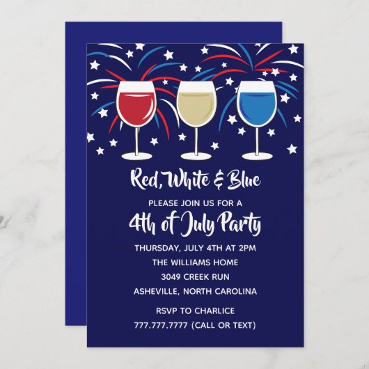 7月のワインレッドの白人および青のパーティーの第4 招待状 (正面/裏面)