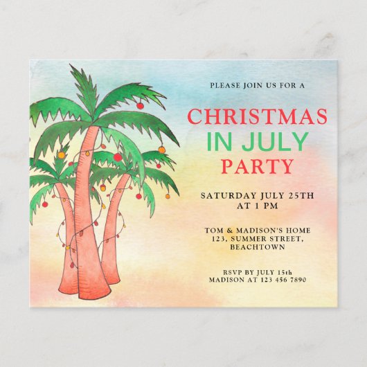 7月の予算クリスマスパームツリーズパーティー招待状 (正面)