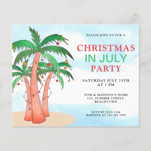 7月の予算クリスマスパームツリーズパーティー招待状 (正面)