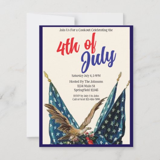 7月の国旗とイーグル愛国心4thクックアウトパーティー 招待状 (正面)