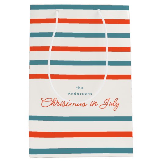 7月の夏にストライプはオレンジとブルーのクリスマス ミディアムペーパーバッグ (正面)