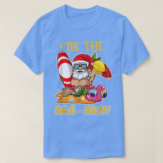 7月の夏に海の太陽サンタクロースのクリスマス Tシャツ (デザイン正面)