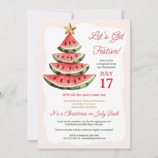 7月の夏の熱帯スイカのクリスマスパーティー 招待状 (正面)