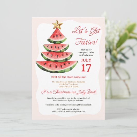 7月の夏の熱帯スイカのクリスマスパーティー 招待状 (スタンド正面)