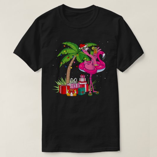 7月の夏の熱帯ピンクのフラミンゴのクリスマス Tシャツ (デザイン正面)