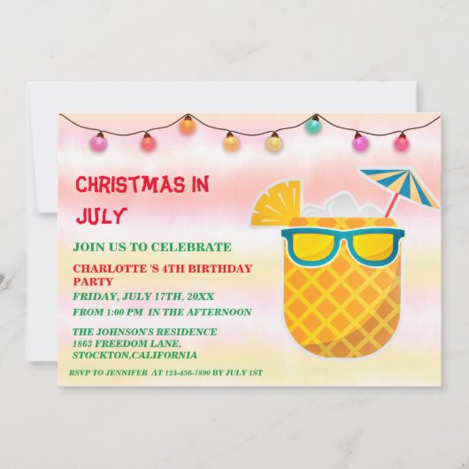 7月の夏の誕生日パーティーのクリスマス  招待状 (正面)