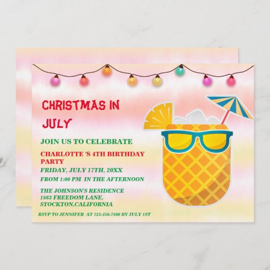 7月の夏の誕生日パーティーのクリスマス  招待状 (正面/裏面)