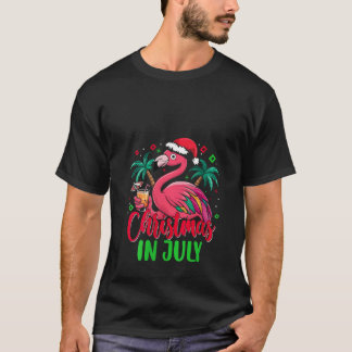 7月の女性のクリスマスFlamingo Santa Hat Tropic Tシャツ