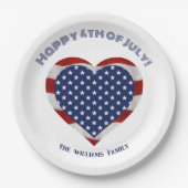 7月の幸せな4つ星とストライプのハート ペーパープレート (正面)