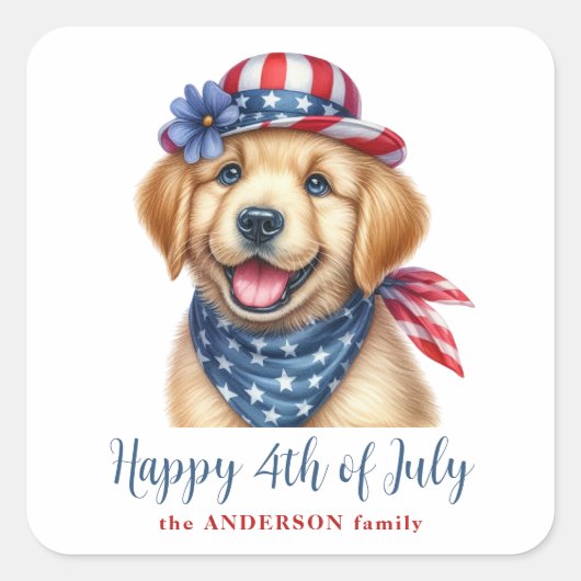 7月の幸せな4th愛国子犬ゴールデンレトリバー スクエアシール (正面)