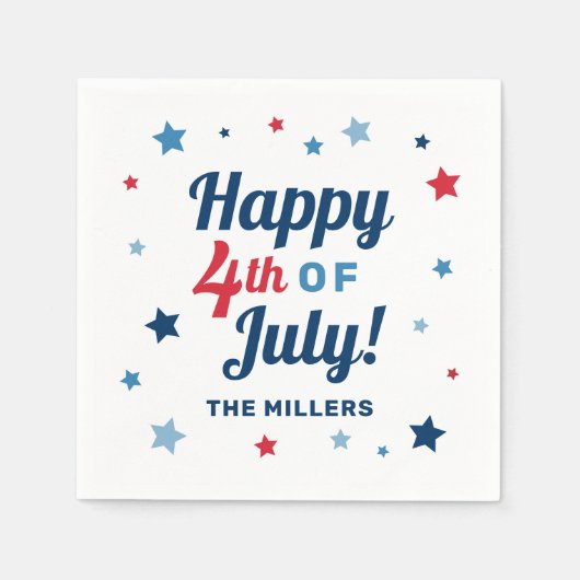 7月の幸せ4日紅白と青の愛国心 スタンダードカクテルナプキン (正面)
