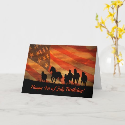 7月の幸せ4日誕生日カードの馬と国旗 カード (黄色い花)