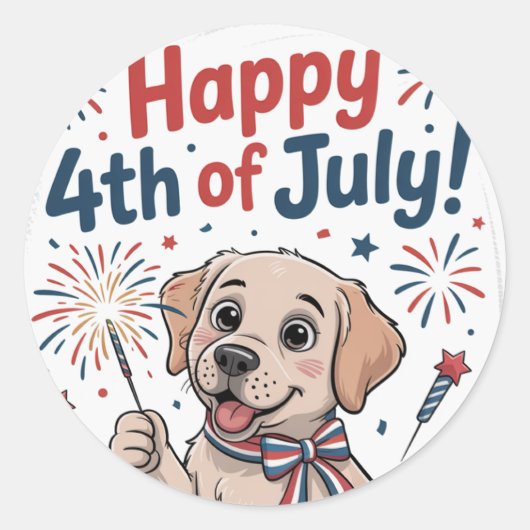 「7月の幸せ4日」かわいい犬 ラウンドシール (正面)