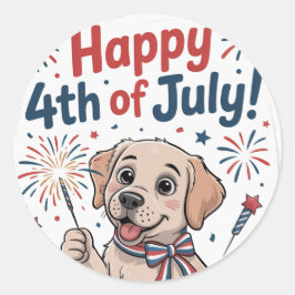 「7月の幸せ4日」かわいい犬 ラウンドシール
